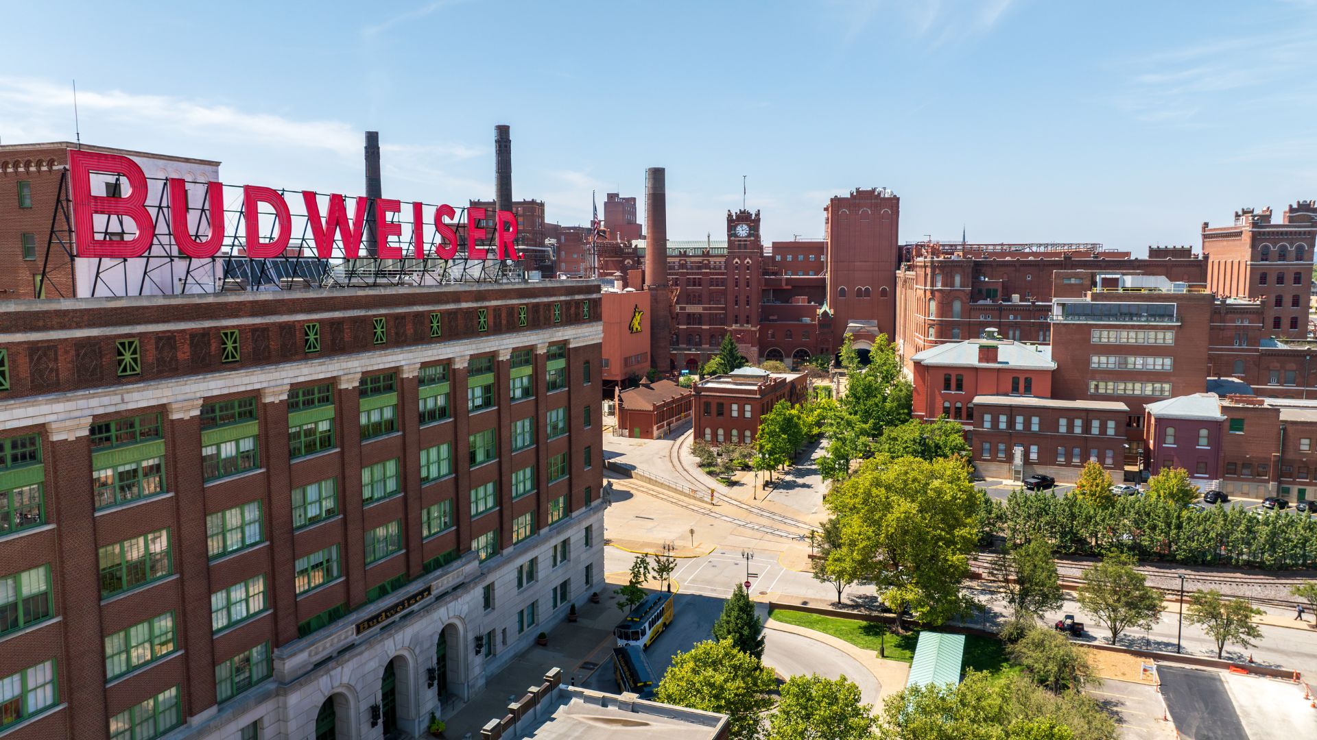 The Anheuser-Busch Brewery in St. Louis has red-brick architecture and epic Budweiser signs.