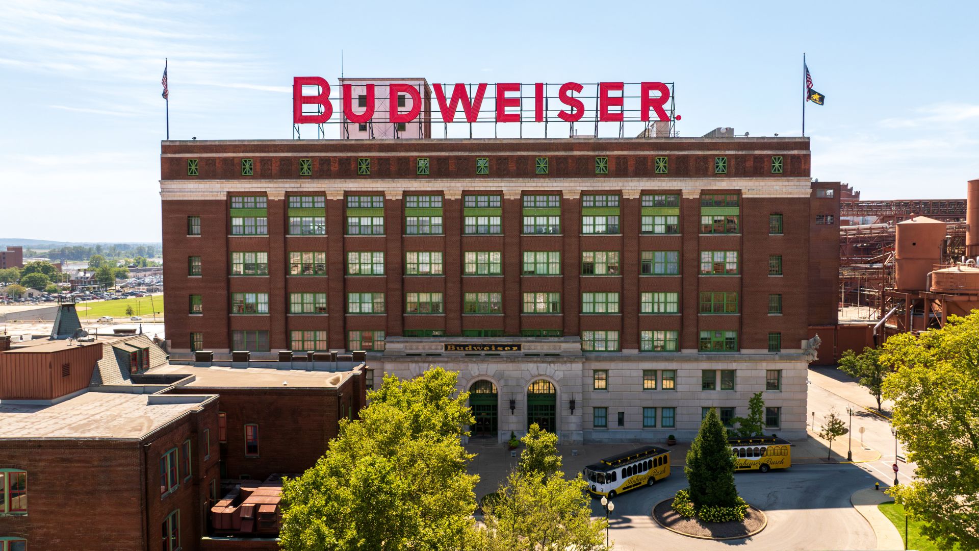 The Anheuser-Busch Brewery in St. Louis has red-brick architecture and epic Budweiser signs.