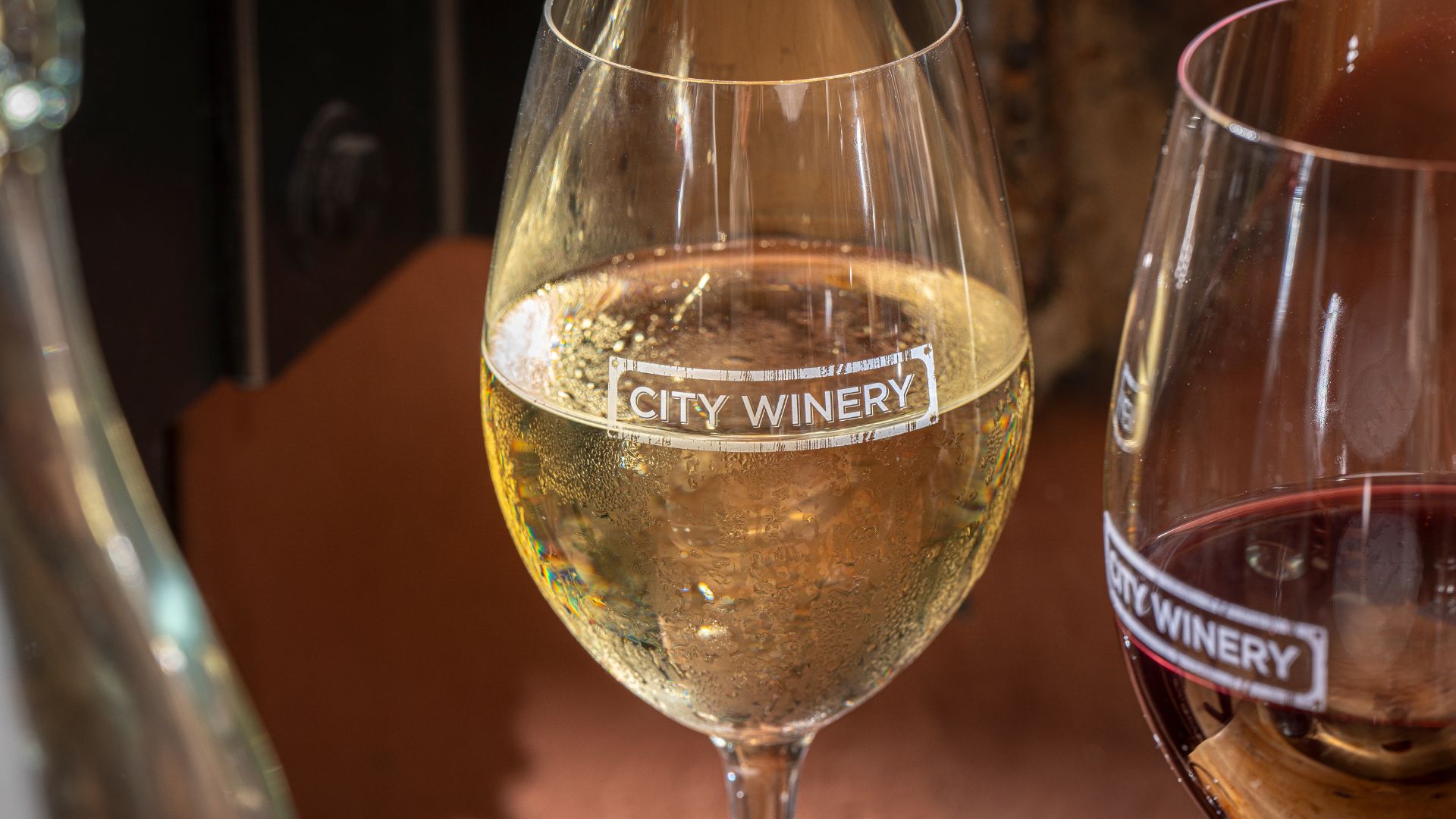 Wine glasses sweat at City Winery St Louis.