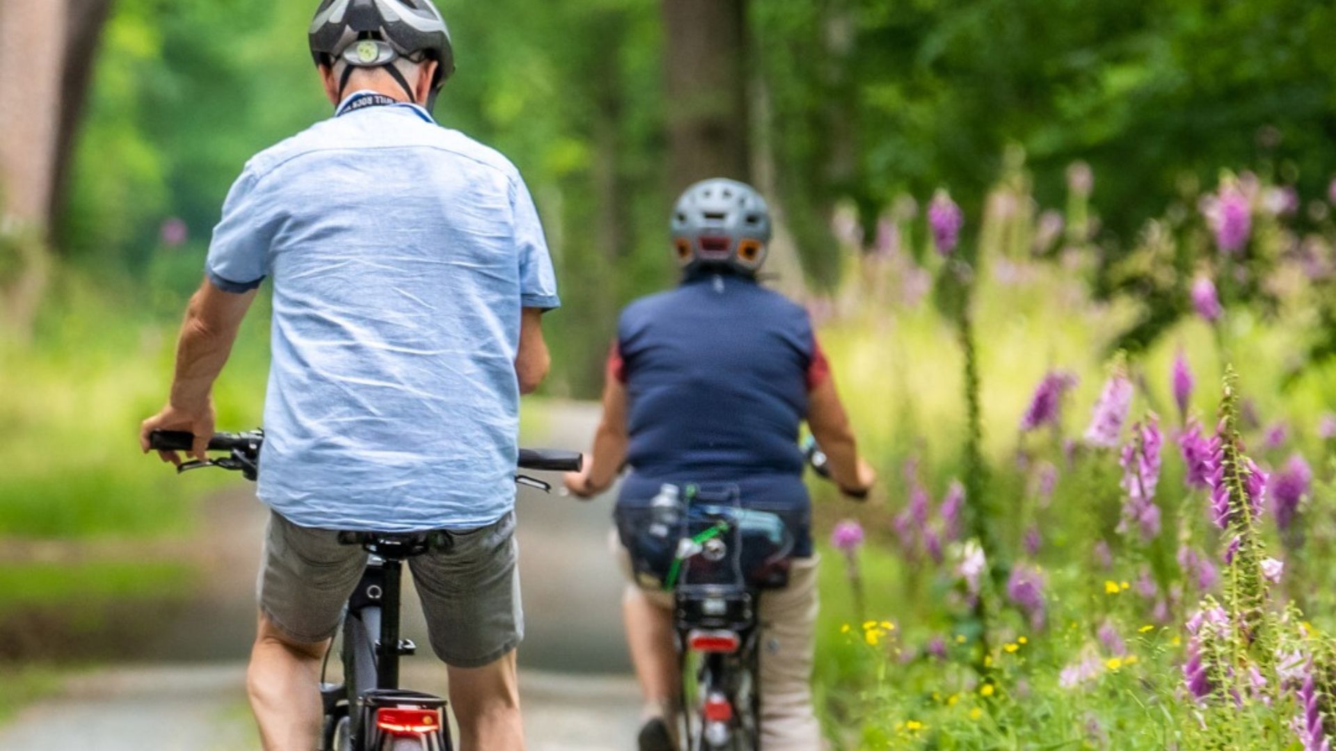 An older couple bikes through Creve Coeur Park.
