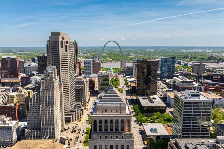 A drone shot captures the historic architecture of downtown St Louis.