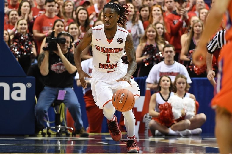 A player competes in the Missouri Valley Conference Men's Basketball Tournament in St. Louis.
