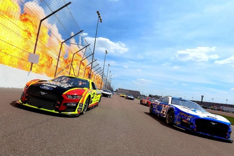 NASCAR drivers race around World Wide Technology Raceway.