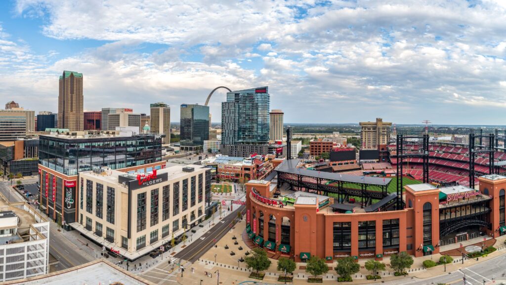The St Louis skyline includes Busch Stadium.